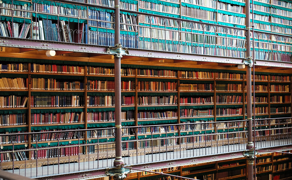 مكتبة جامعية حديثة برفوف كتب وإضاءة دافئة